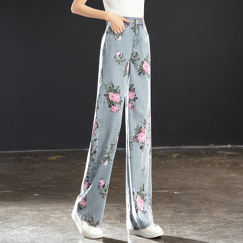 Summer Spring Women High Waisted Floral Pattern Printed Straight Denim Trousers , Woman fashion fall Clothes Flower Jeans Pants